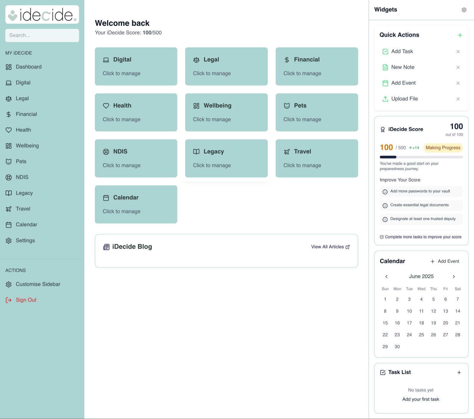 iDecide platform dashboard showing comprehensive life planning categories including Digital, Legal, Financial, Health, Wellbeing, and Legacy planning tools